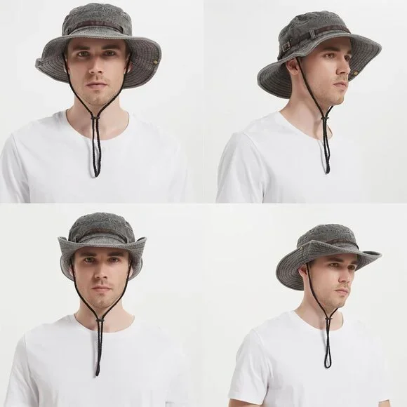 Unisex Dark Grey 100% Cotton Wide Brim Boonie With Chin Strap Classic Bucket Hat - Picture 2 of 6